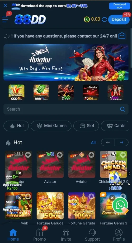 88DD Game interface displaying the mobile menu, game sections, and navigation features.