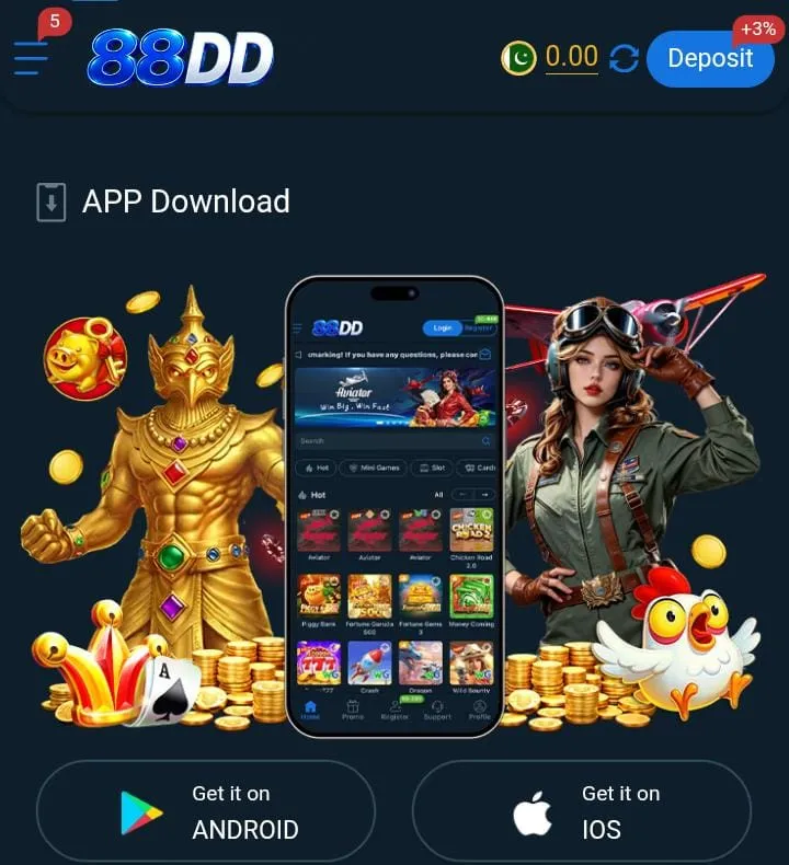 88DD Game download page showing the APK download option for Android users in Pakistan.