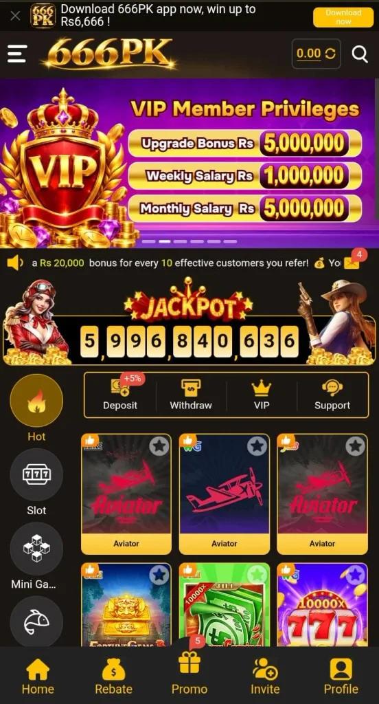 666PK Game screen showing the main dashboard, navigation menu, and game categories.