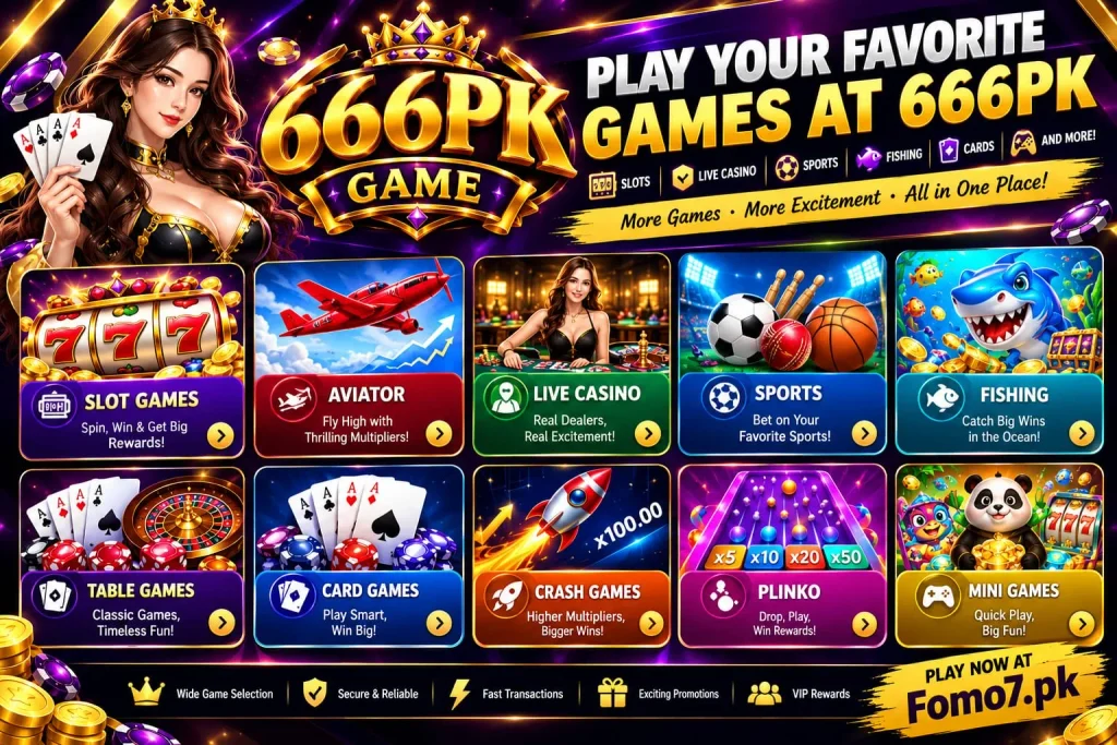 666PK Game lineup covering slots, sports, live games, fishing, cards, and other entertainment options.