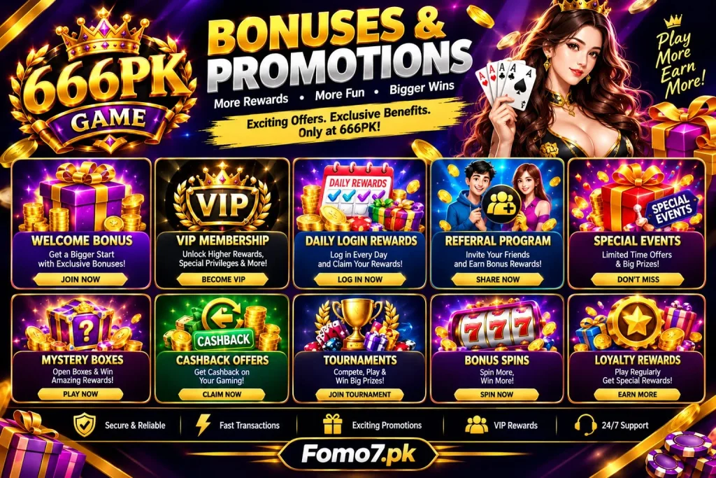 666PK Game rewards section featuring new-user offers, deposit deals, VIP rewards, and referral promotions.
