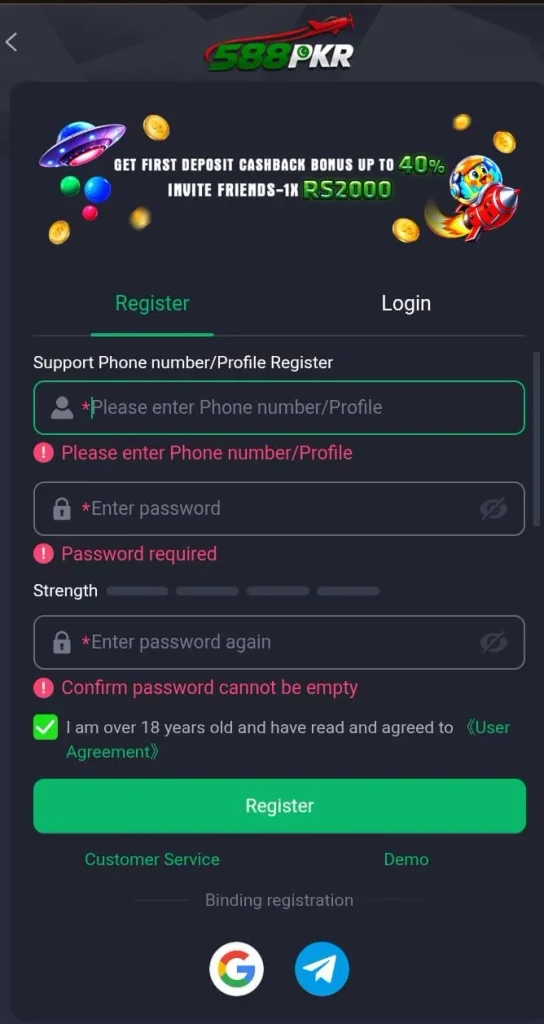 588PKR Game sign-up screen displaying the details needed to create a new account.