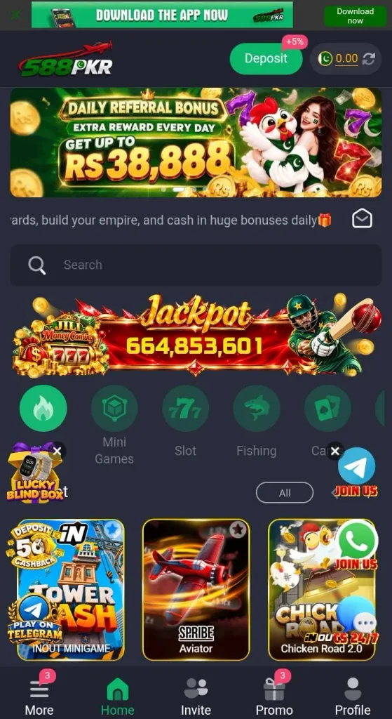 588PKR Game screen highlighting the home page layout and menu sections.