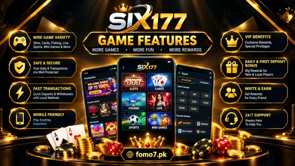 Six177 Game features including account access, rewards, promotions, and mobile gaming options.