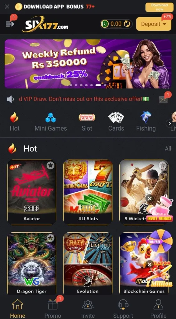 Six177 Game mobile interface displaying the main screen and navigation menu.