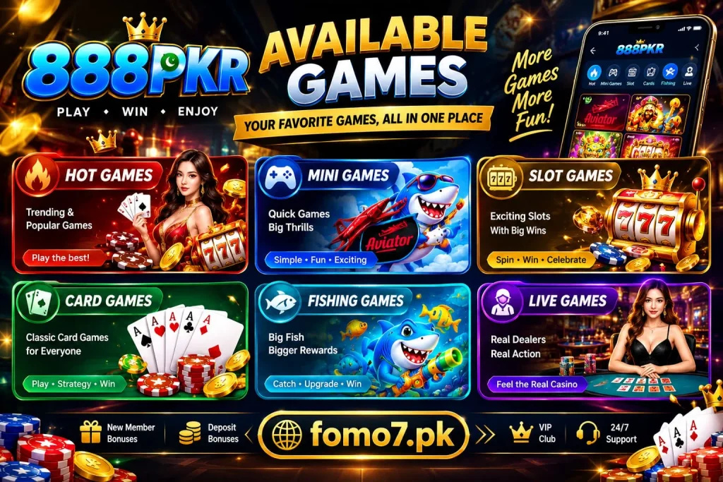 888PKR Game categories and titles available for mobile users.