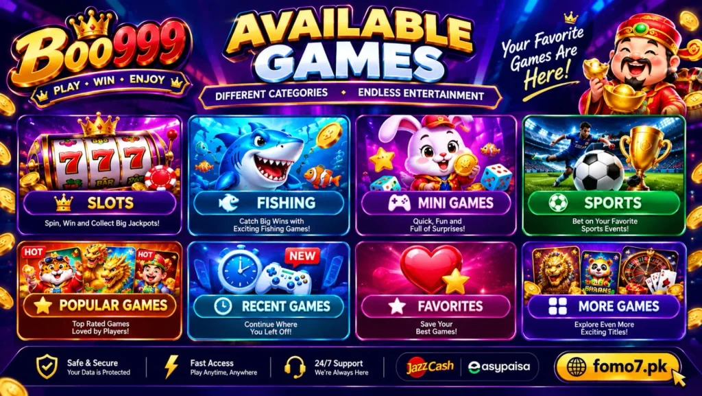 BOO999 Game screen presenting its gaming sections and entertainment choices.