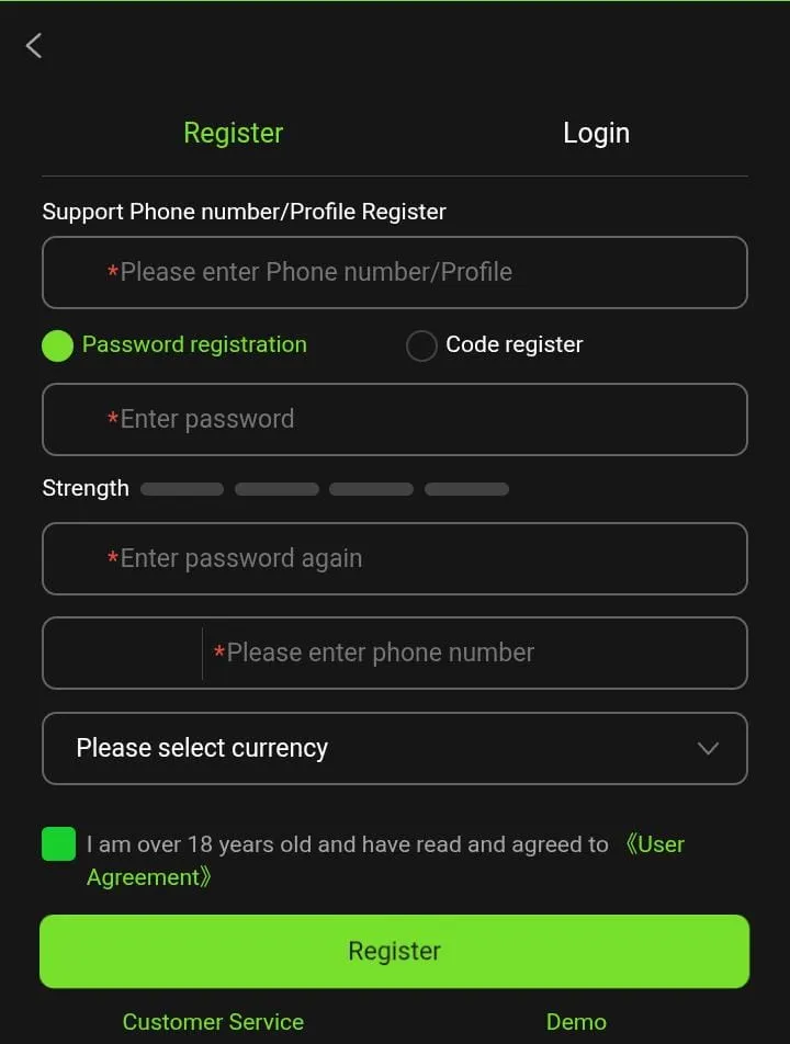 7A Game account creation screen with user sign-up fields.
