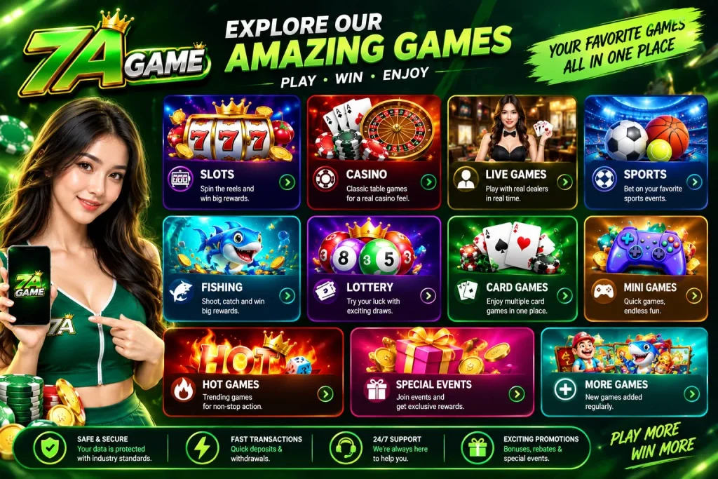 7A Game screen featuring different online gaming categories and entertainment choices.