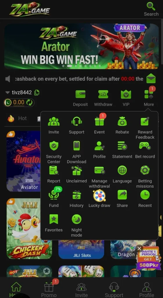 7A Game home screen showing its layout, menus, and mobile navigation.