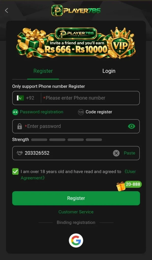 Player786 game registration page